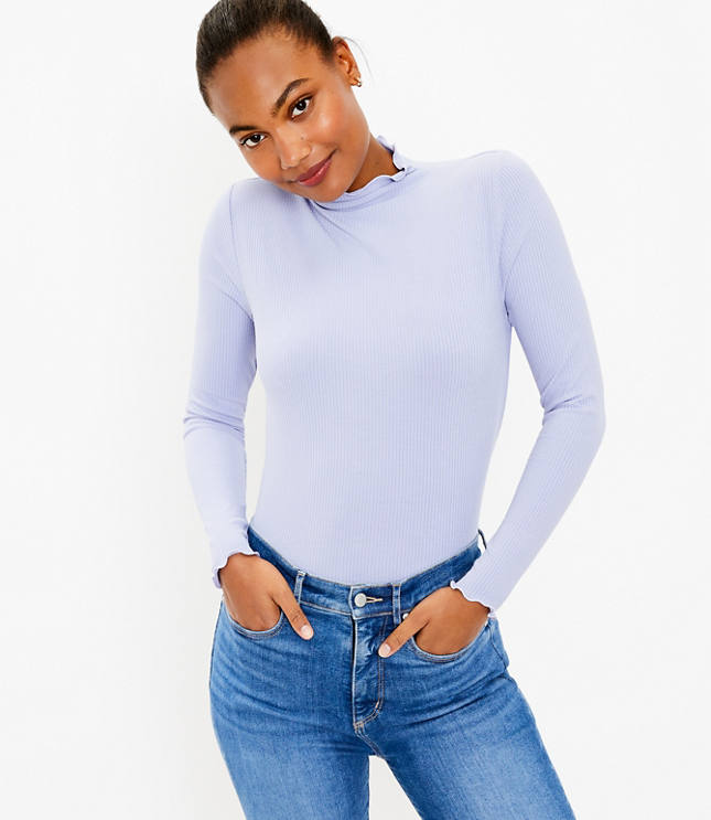 Ribbed Ruffle Mock Neck Top