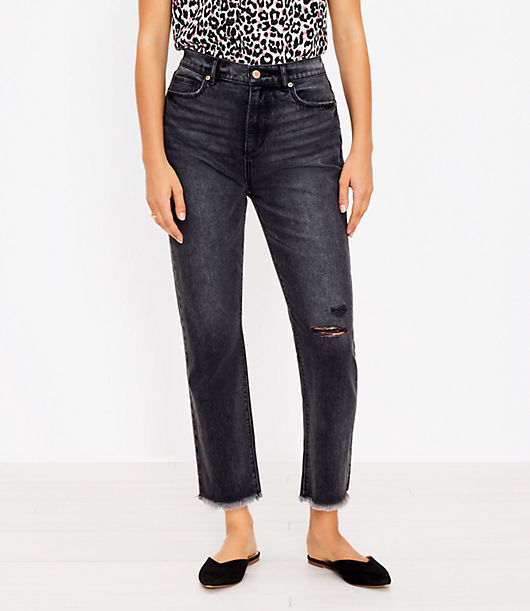 Loft Curvy Destructed High Rise Straight Crop Jeans in Washed Black Wash