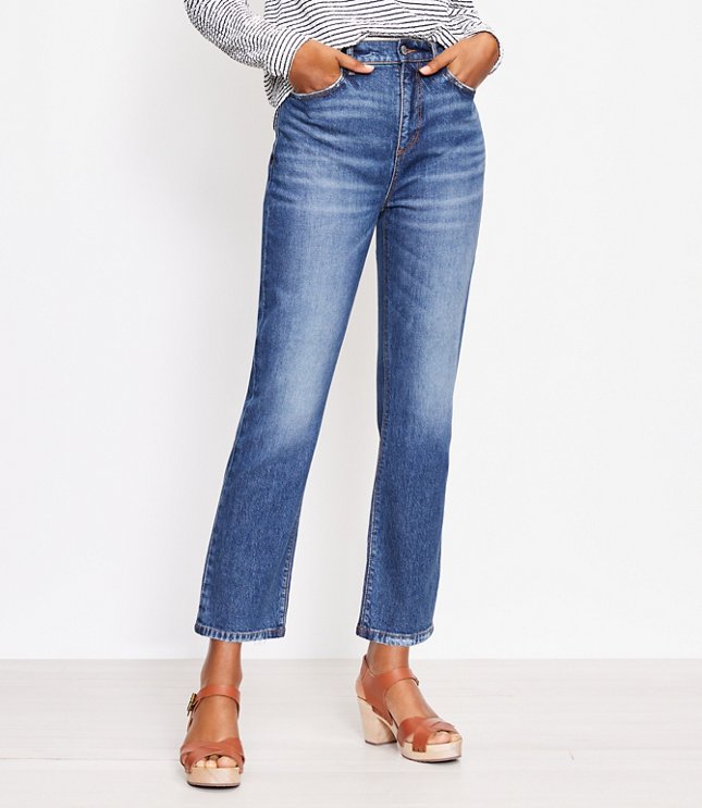 Petite Curvy High Rise Straight Crop Jeans in Staple Mid Indigo Wash | LOFT