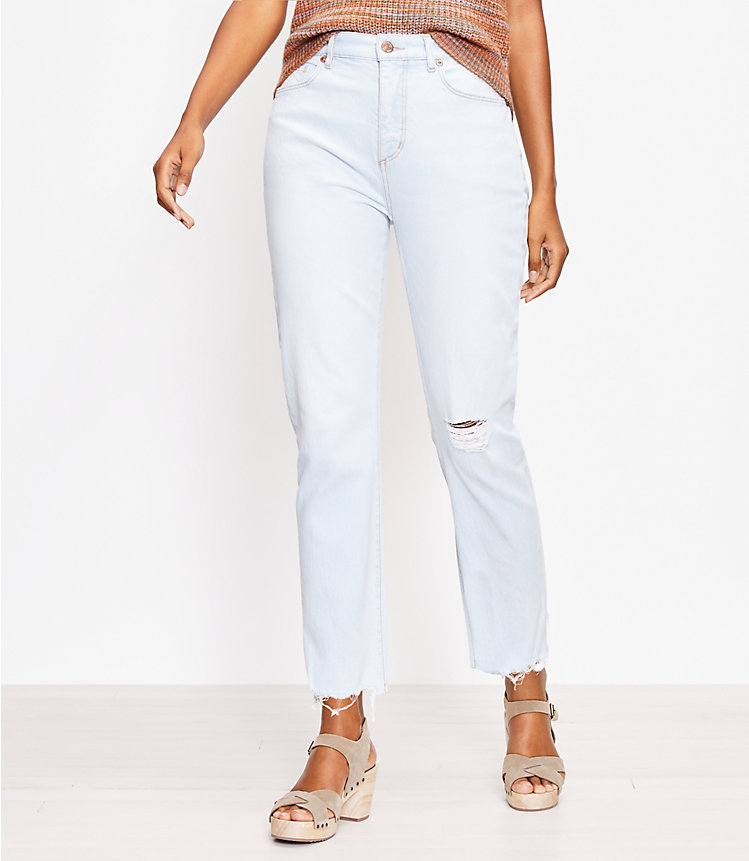 Tall Curvy Destructed Chewed Hem High Rise Straight Crop Jeans in Staple Light Indigo Wash image number null