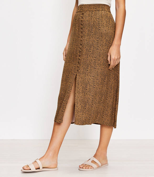 Loft Animal Print Button Pull On Midi Skirt