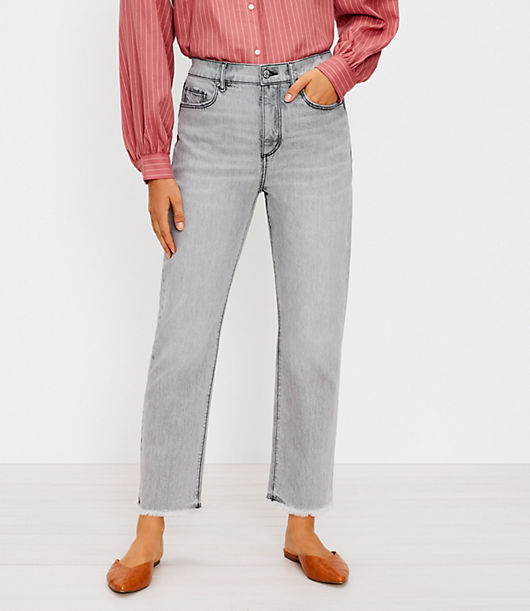 Loft Petite Destructed High Rise Straight Crop Jeans in Staple Grey Wash