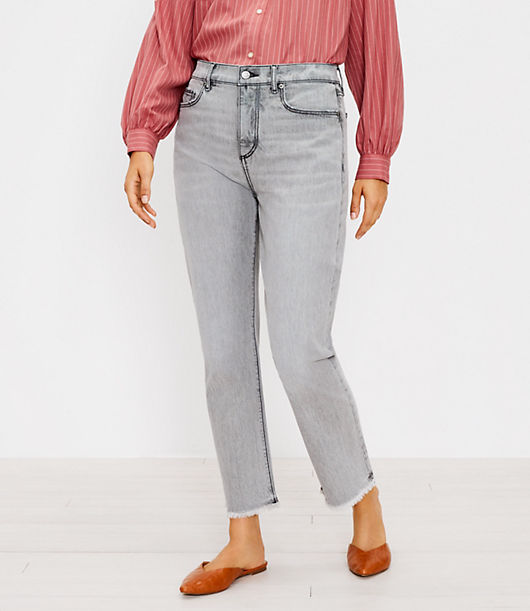 Loft Petite Curvy Destructed High Rise Straight Crop Jeans in Staple Grey Wash