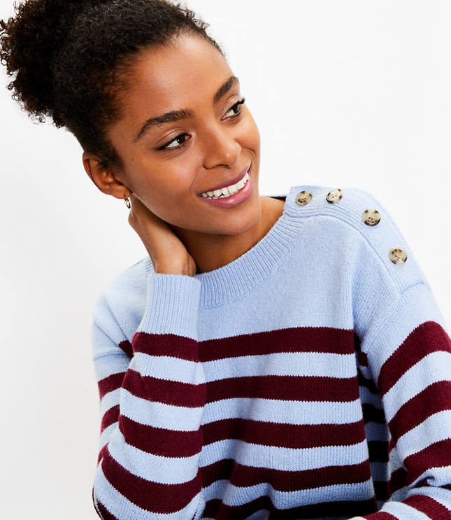 Striped sweater with 2024 buttons on shoulder