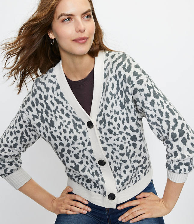 Loft Cropped Leopard Print V-Neck Cardigan