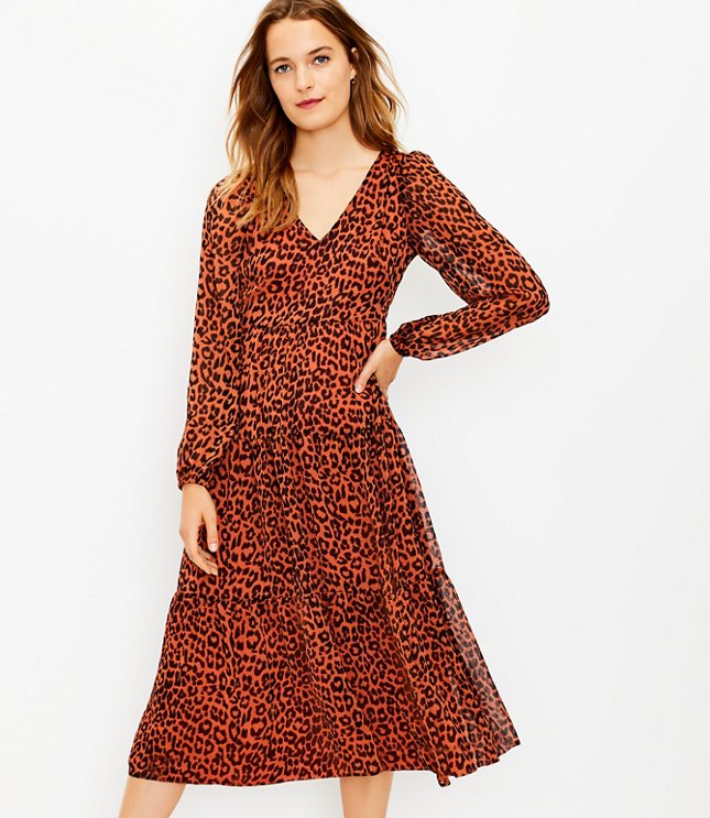 Loft Leopard Print Tiered V-Neck Midi Dress