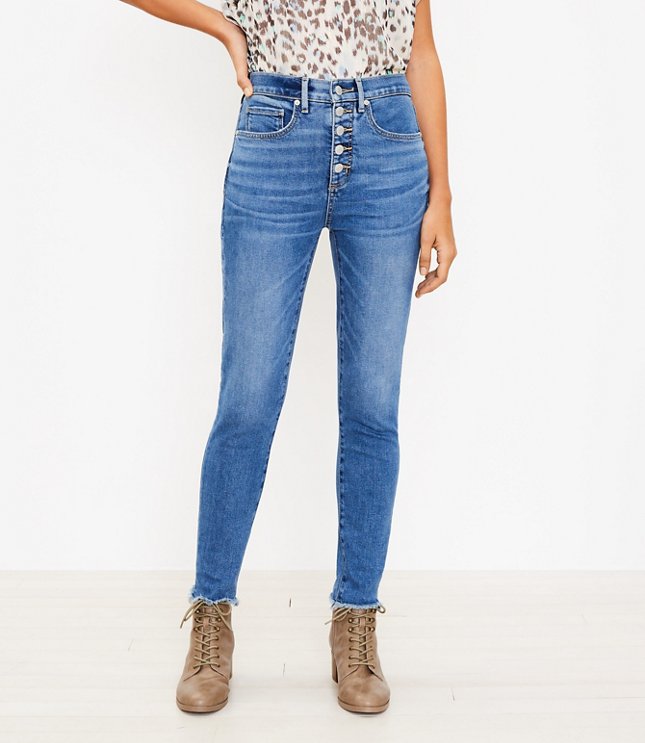 Chewed Hem Button Front High Rise Skinny Jeans in Authentic | LOFT