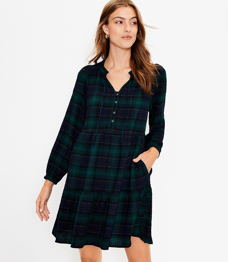Shimmer Plaid Tiered Pocket Dress
