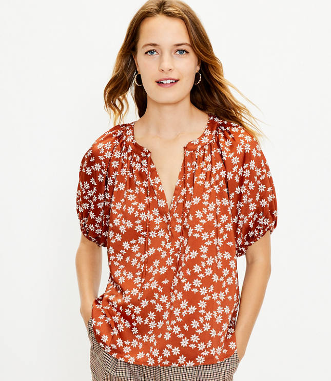 Floral Tie Neck Puff Sleeve Top