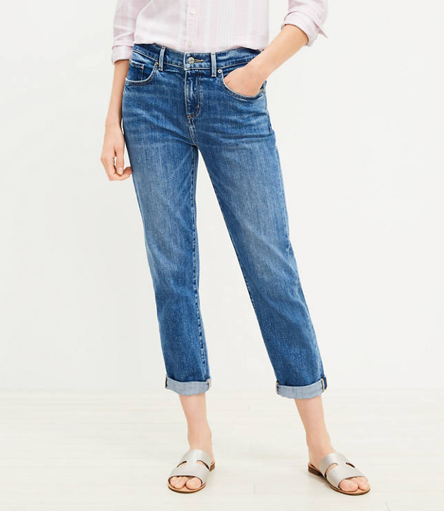 LOFT Super Soft Girlfriend Jeans In Pure Mid Indigo Wash