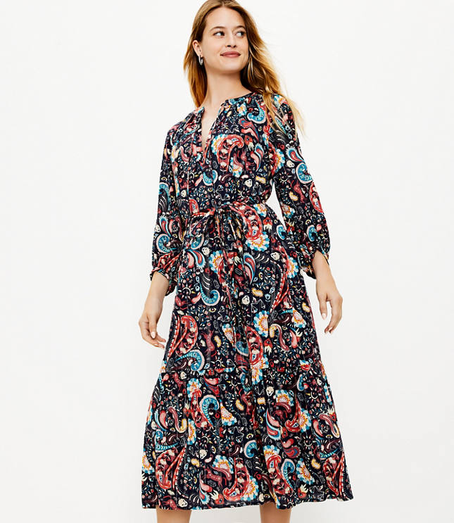 Loft Shimmer Paisley Tie Neck Midi Dress