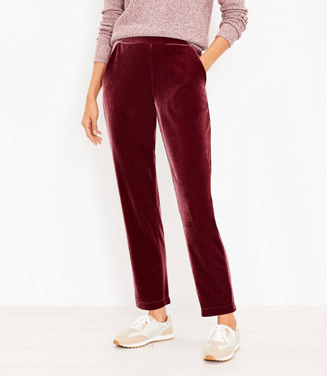 Velvet Pull On Slim Pants - Bold Bordeaux