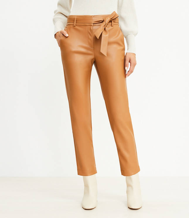 $99 DKNY Women's Brown Faux Leather High Rise Tie Waist Ankle Pants Size 14  