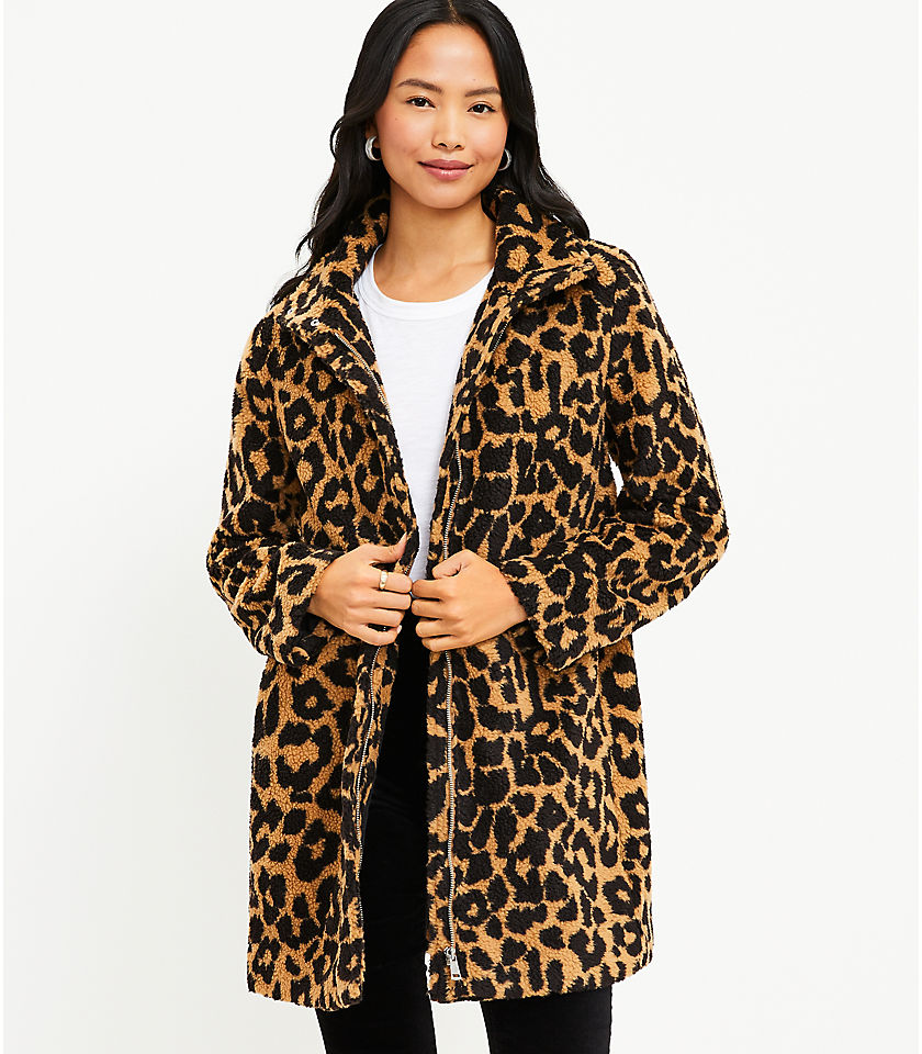 Leopard Print Sherpa Funnel Neck Coat