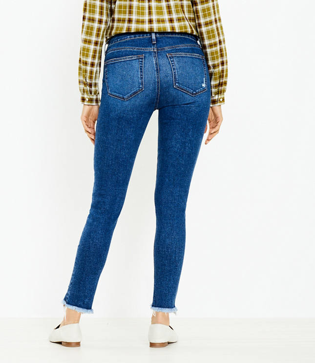 Tall Curvy Chewed Hem Mid Rise Skinny Jeans in Original Mid Indigo Wash