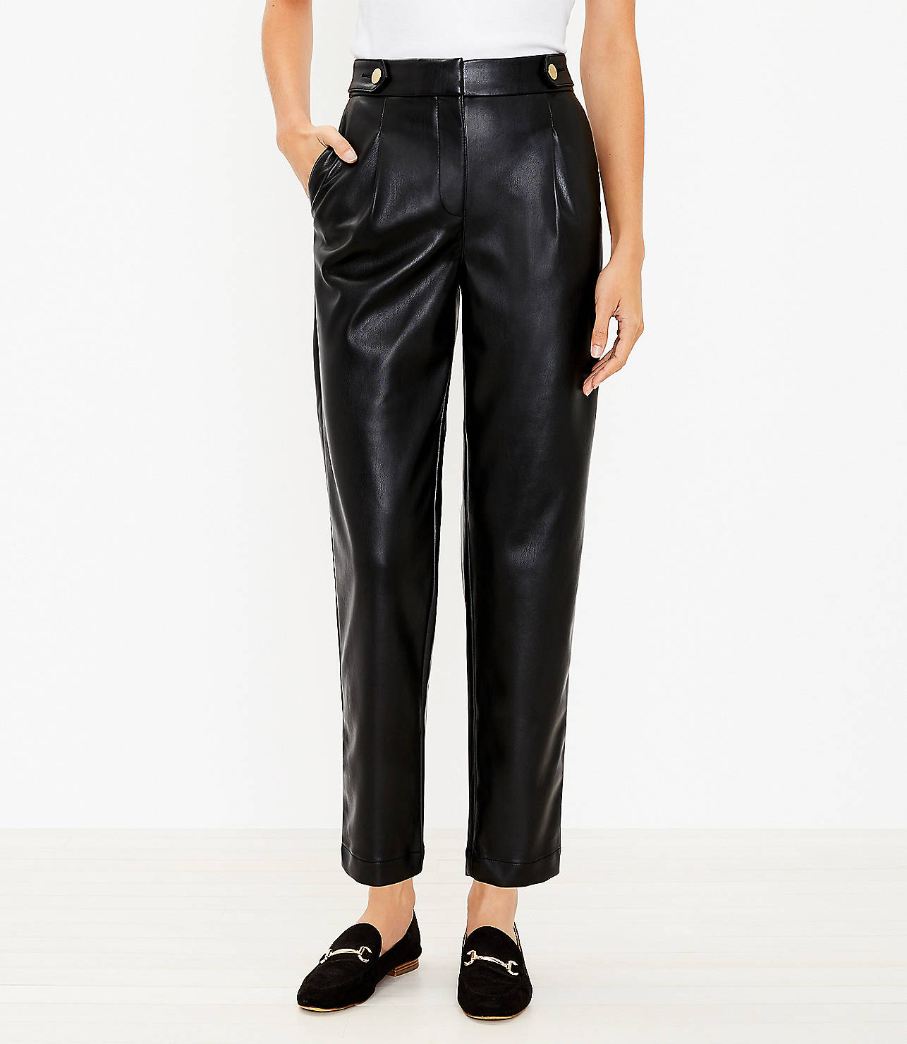 Button Tab Slim Pants in Faux Leather