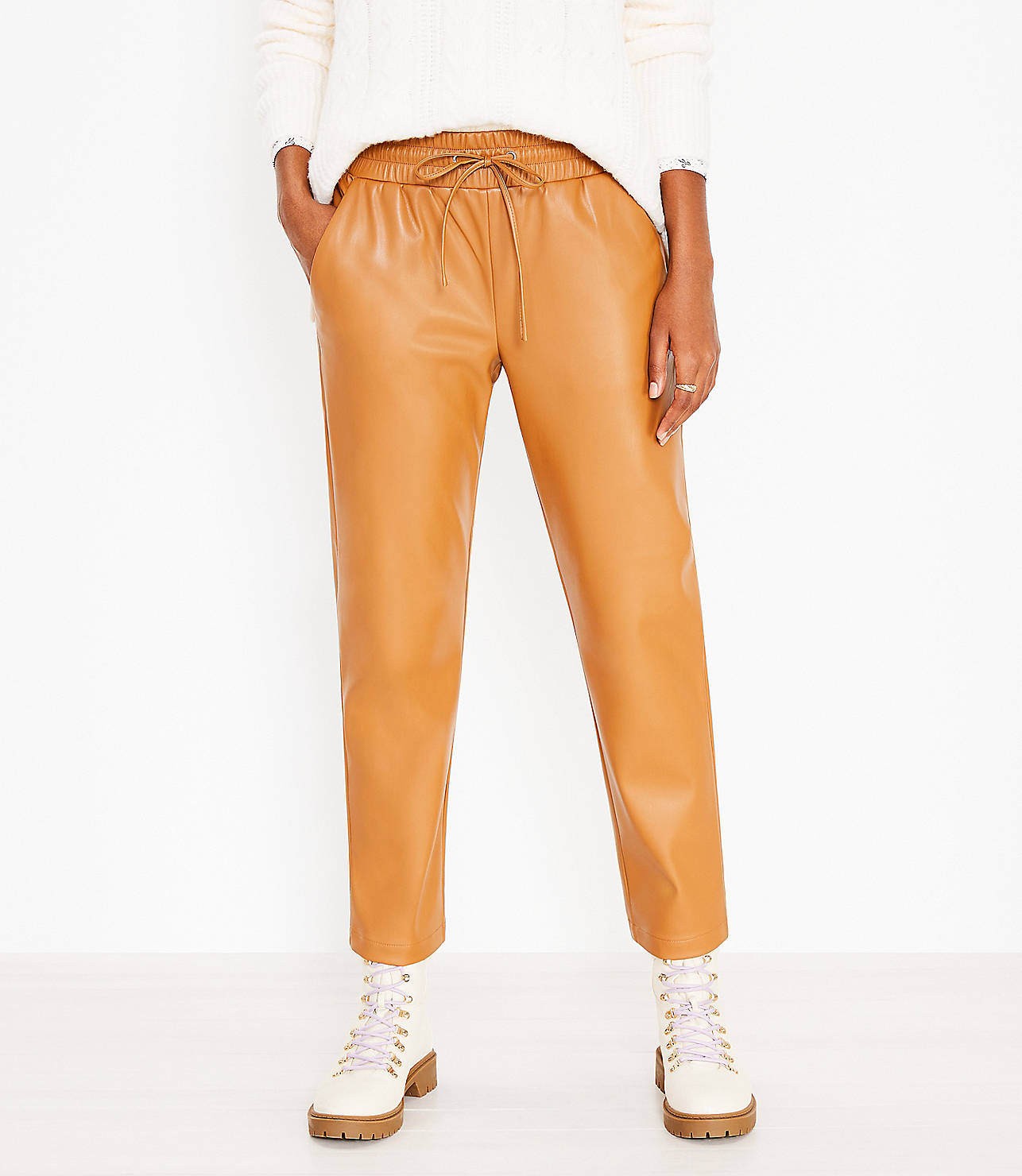 Petite Pull On Slim Pants in Faux Leather