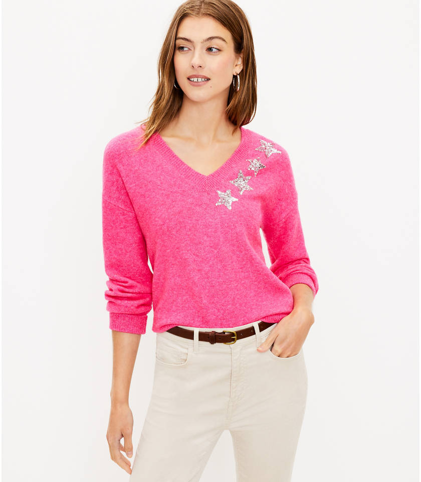 로프트 LOFT Shimmer Star V-Neck Sweater