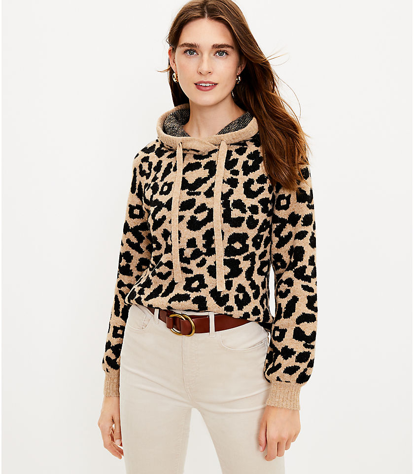 로프트 LOFT Leopard Print Hoodie Sweater,Maple Sugar Heather