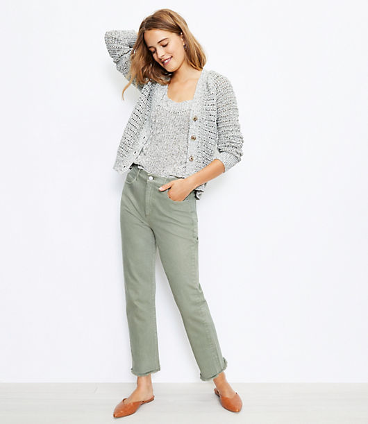 Loft Frayed High Rise Straight Crop Jeans in Soft Moss