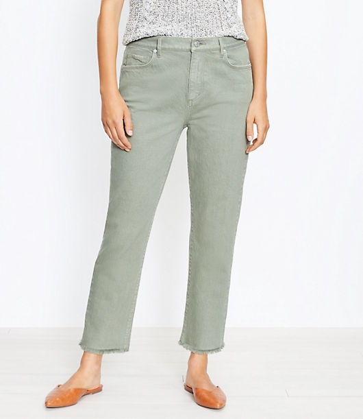 Loft Curvy Frayed High Rise Straight Crop Jeans in Soft Moss