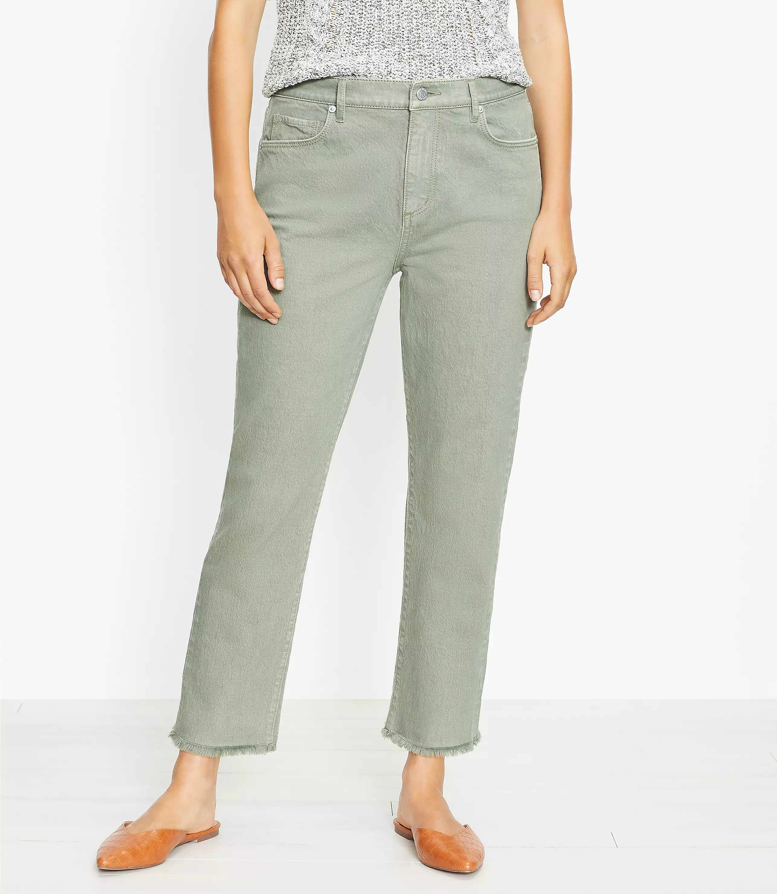 Curvy Frayed High Rise Straight Crop Jeans in Soft Moss
