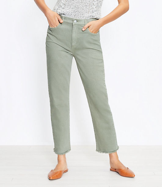 Loft Petite Frayed High Rise Straight Crop Jeans in Soft Moss