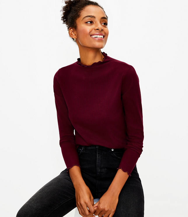 Petite Ribbed Ruffle Mock Neck Top