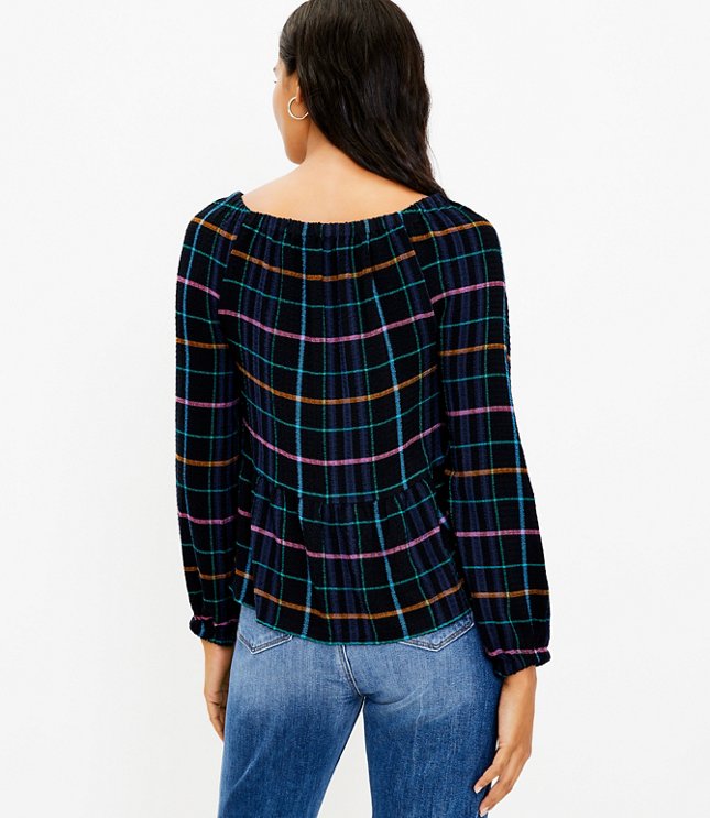 Plaid Square Neck Peplum Blouse