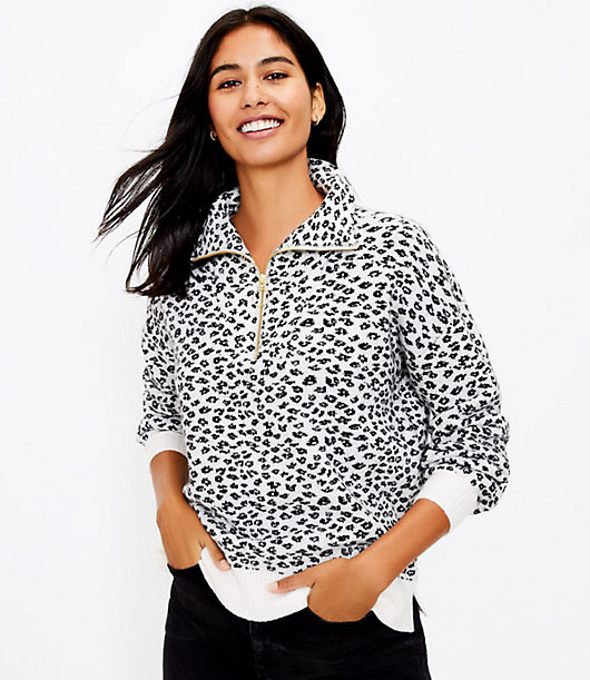 Loft Petite Leopard Print Zip Sweater