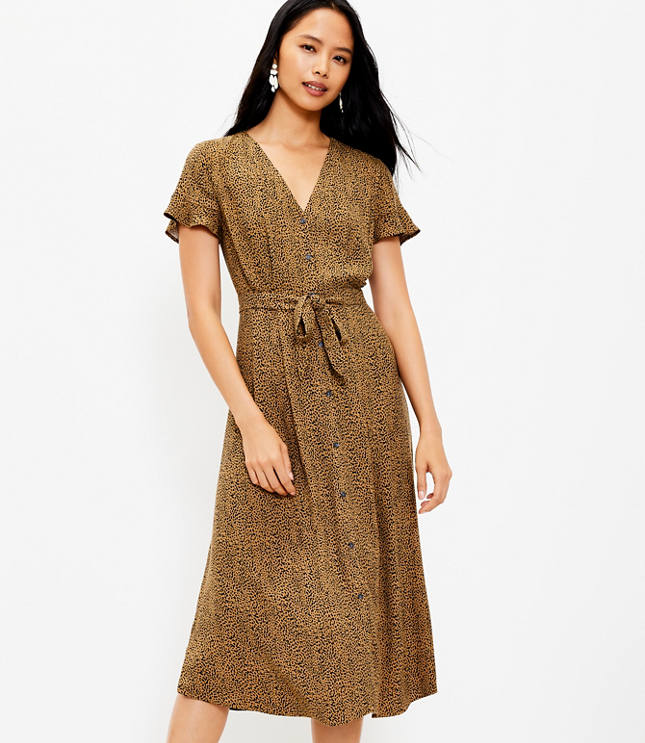 Leopard Print V Neck Midi Shirtdress