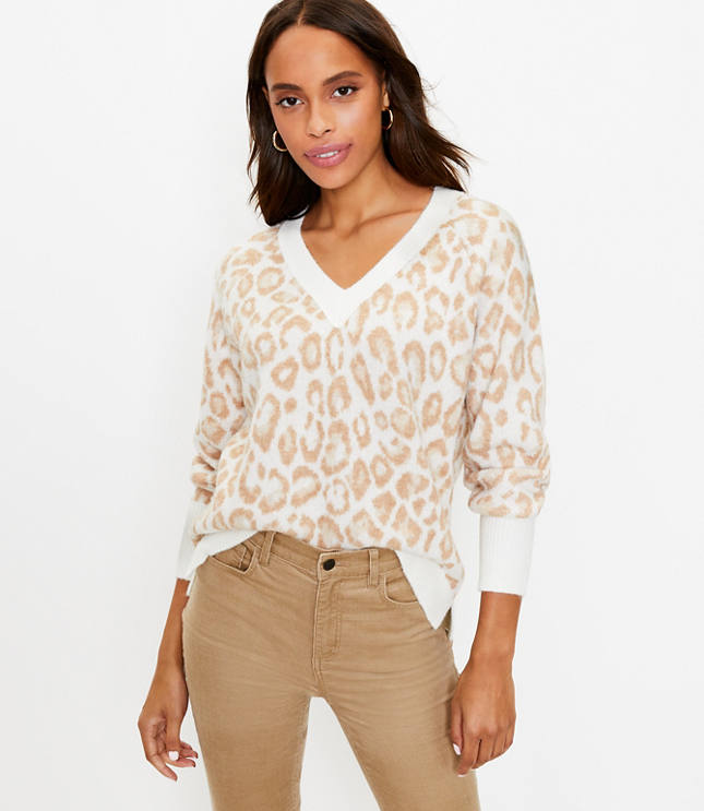 Leopard Print Relaxed V Neck Sweater