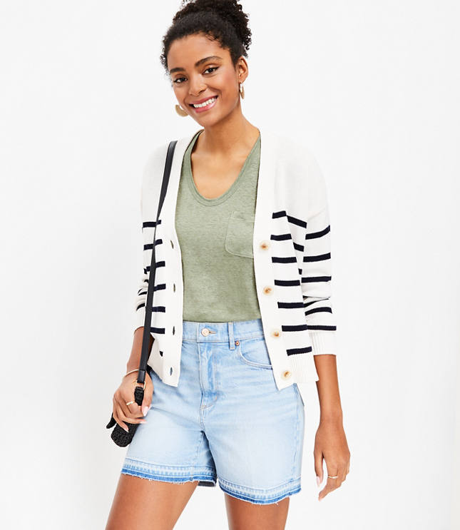 Petite High Rise Paperbag Pull On Denim Shorts in Stripe