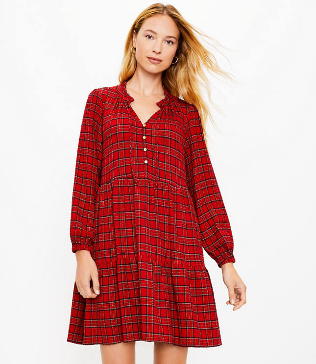 Petite Shimmer Plaid Tiered Pocket Dress