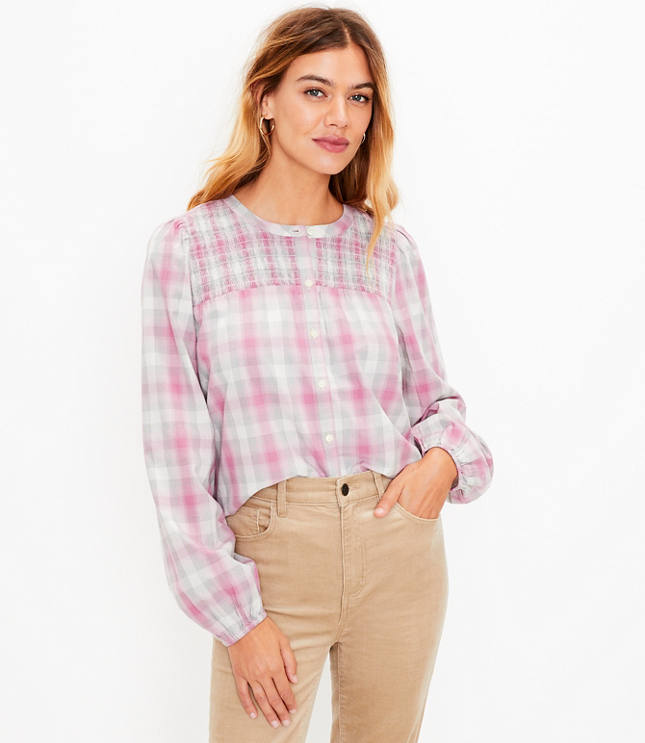 Plaid Smocked Yoke Blouse