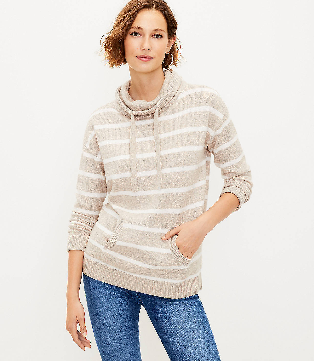 Striped Cowl Neck Pocket Tunic Sweater