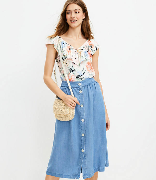 Loft Chambray Button Pocket Midi Skirt