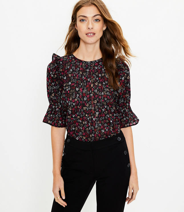 Shimmer Heart Pintucked Puff Sleeve Top