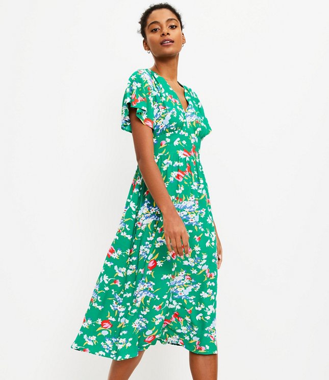 Floral Flutter Sleeve Midi Dress | LOFT