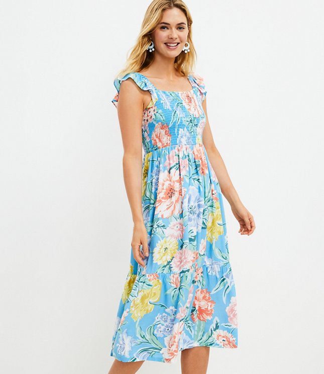 Garden Smocked Ruffle Midi Dress | LOFT