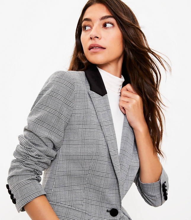 Tall Plaid Velvet Collar Long Modern Blazer