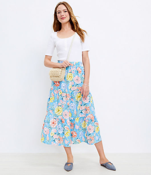 Loft Floral Tiered Pull On Midi Skirt
