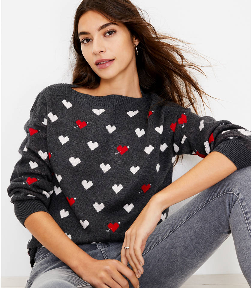 로프트 LOFT Heart Boatneck Sweater,Charcoal
