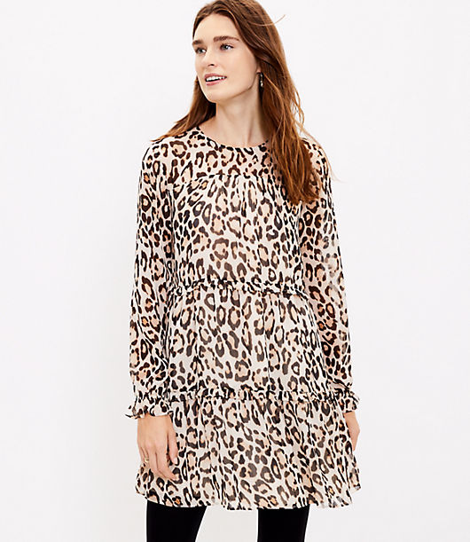 Loft Leopard Print Ruffle Tiered Dress