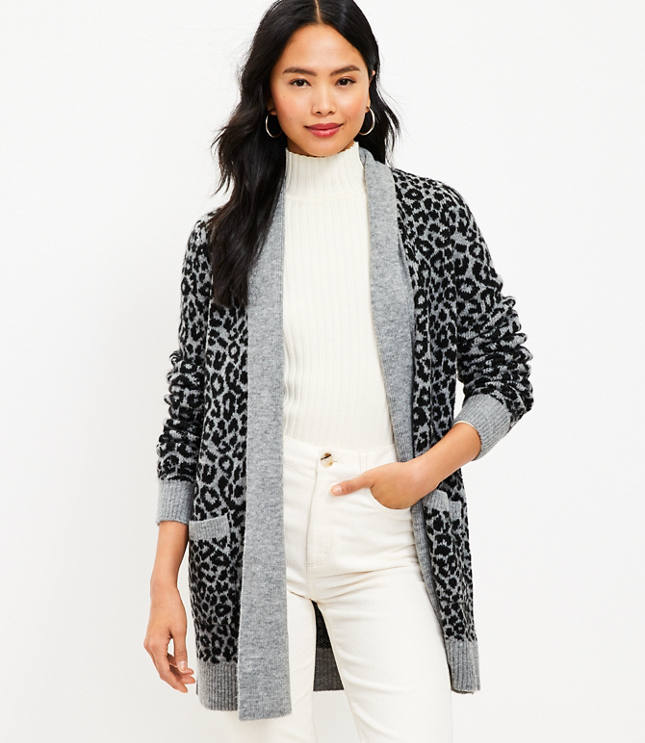 Collarless flap pocket leopard printed cardigans best sale