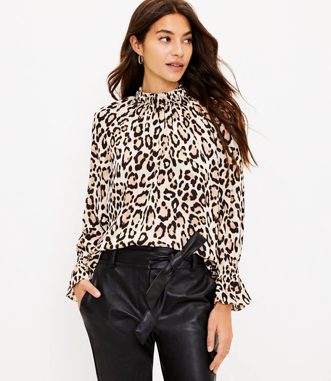 Petite Leopard Print Bell Cuff Blouse