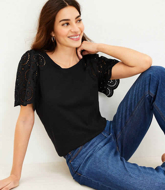 Eyelet Flutter Sleeve Tee