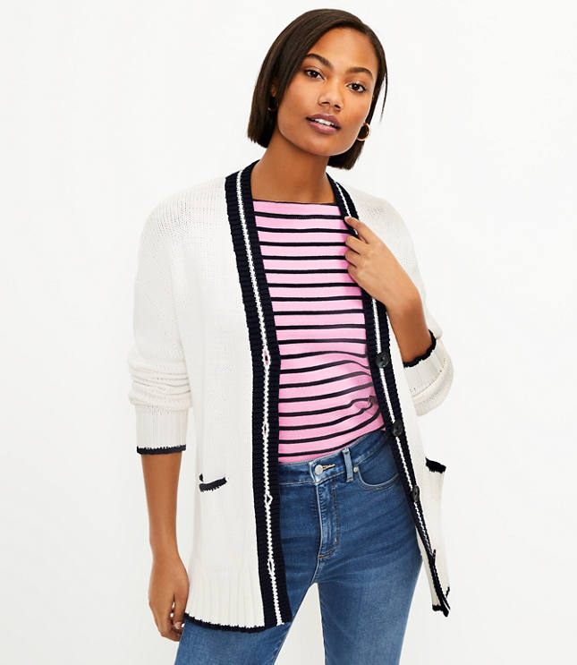 Loft Tipped Relaxed V-Neck Pocket Cardigan