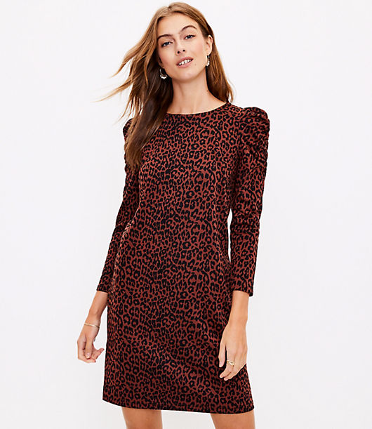 Loft Petite Leopard Print Ruched Sleeve Dress