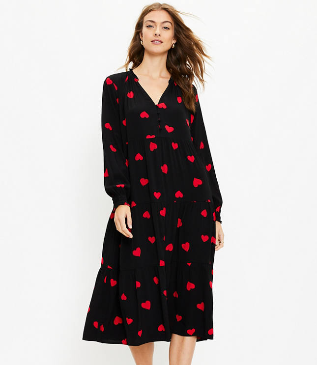 Loft Petite Heart Tiered Button Midi Swing Dress